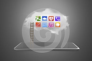 App icons on white cloud with smart tablet and ladder