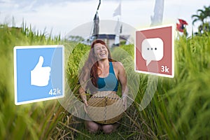 App likes and comments feed composed with young attractive and happy tourist woman taking selfie in beautiful landscape as digital