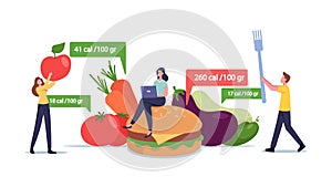 App for Nutrition and Dieting Concept. Tiny Male Female Characters at Huge Healthy and Unhealthy Meals Counting Calories