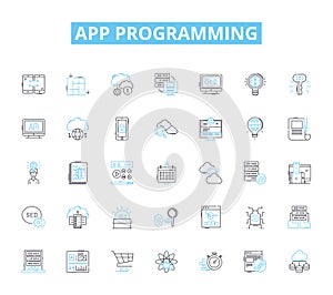 App programming linear icons set. Programming, Development, Design, Debugging, Algorithm, Coding, Framework line vector