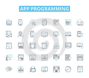 App programming linear icons set. Programming, Development, Design, Debugging, Algorithm, Coding, Framework line vector