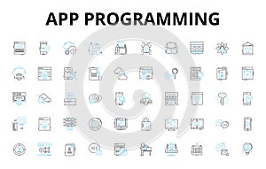 App programming linear icons set. Programming, Development, Design, Debugging, Algorithm, Coding, Framework vector