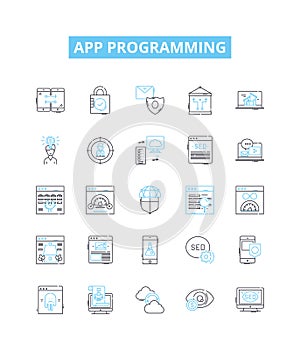 App programming vector line icons set. App, Programming, Coding, Development, iOS, Android, Design illustration outline
