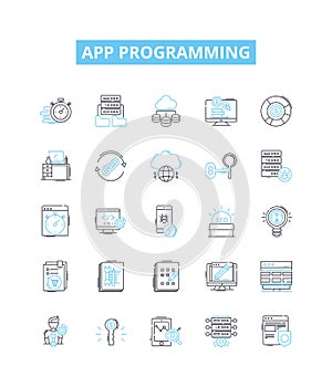 App programming vector line icons set. App, Programming, Coding, Development, iOS, Android, Design illustration outline