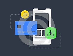 In-app purchase concept. Payment from bank card directly in mobile application. Consumable, Non-consumable, Auto