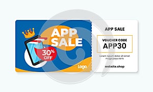 App sale gift voucher card promotion with coupon code text. flat vector smartphone illustration artwork template design