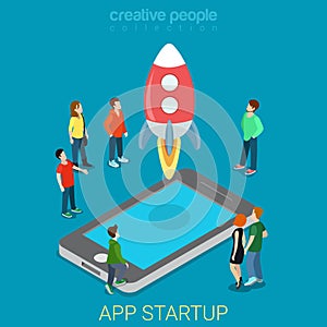 App startup mobile launching process flat 3d isometric vector