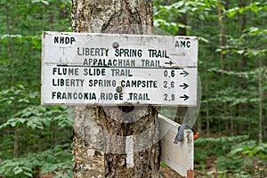 Appalachian Trail mile marker trailheads along the white mountains in New Hampshire