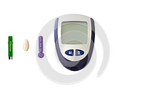 Apparatus for measuring of glucose, pill, test strip in the blood on white background. Top view