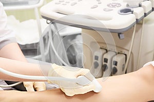 Apparatus ultrasound examination. Doctors work. Medical research. Patients foot