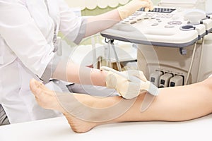 Apparatus ultrasound examination. Patients foot. Doctors work. Medical research