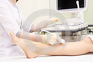 Apparatus ultrasound examination. Patients foot. Medical research. Doctors work