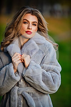 Apparel for european winter. elegant woman wear fur coat. stylish lady wear faux fur. Versatile Textures. fashion and