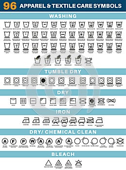 Apparel and textile clothing laundry care symbol icon design set. clothing care labels and tags symbol, washing care guide symbols