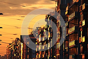 Appartments at sundown at the Belgian coastline