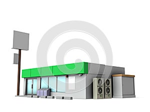 The appearance of a convenience store. White background.