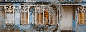 Appearance of the facade of an abandoned building with decorative bars on the windows, unrecognizable structure