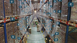 The appearance of plates with ID of goods in the warehouse. Product scanning process. Scanning product IDs in a modern