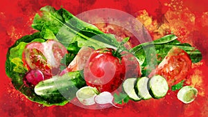 The appearance of the tomato, cucumber, salad and radish on a watercolor background.
