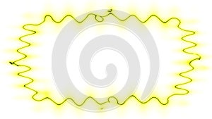 Appearing and disappearing wavy long glowing lines, rectangular horizontal frame with moving neon light effect, yellow frame.