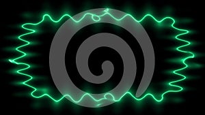 Appearing slightly wavy dark green vertical rectangular neon wavy lines forming a closed frame. In the middle there is a black