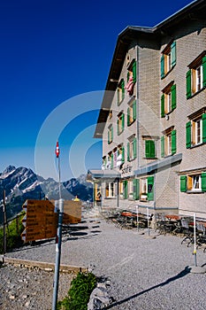 Berggasthaus Schaefler mountain hut on top of Schafler Altenalptuerme ridge swiss Alpstein Appenzell Switzerland photo