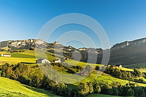 Appenzellerland, landscape with farms and green meadows, view of Hoher Kasten, Switzerland