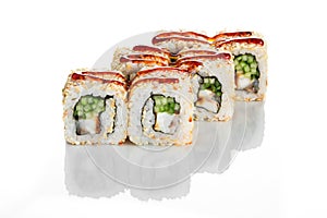 Appetising japanese cuisine California sushi roll with eel on white