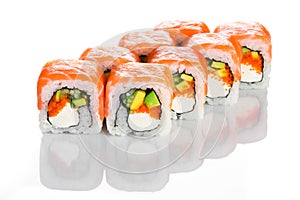 Appetising japanese cuisine salmon sushi roll with avocado and red caviar isolated on white