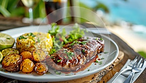 Appetite: Big meat steaks, perfectly roasted with rosemary herbs and pepper on black plate served in beach tropic club restaurant