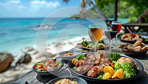 Appetite: Big meat steaks, perfectly roasted with rosemary herbs and pepper on black plate served in beach tropic club restaurant