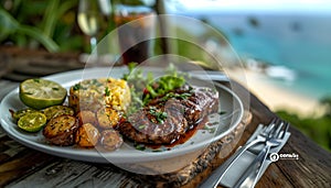 Appetite: Big meat steaks, perfectly roasted with rosemary herbs and pepper on black plate served in beach tropic club restaurant