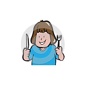 Appetite woman holding knife and fork cartoon