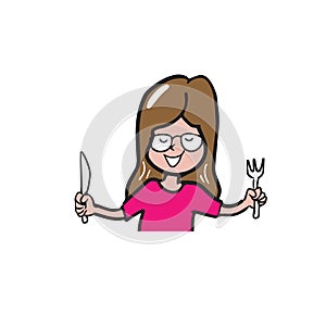 Appetite woman holding knife and fork cartoon