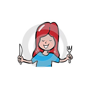 Appetite woman holding knife and fork cartoon
