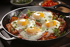 Appetites eggs with yolk in a pan with bacon.