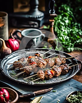 Appetitive Grilled meat skewers, shish kebab with vegetables on plate. Good food. Generative AI photo