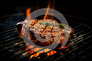 Appetitive spices beef steak sizzling over flaming grill. Gourmet food. Delicious food