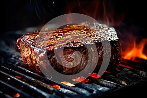 Appetitive spices beef steak sizzling over flaming grill. Gourmet food. Delicious food