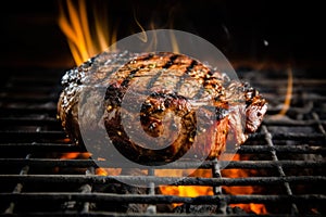 Appetitive spices beef steak sizzling over flaming grill. Gourmet food. Delicious food