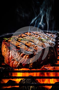 Appetitive spices beef steak sizzling over flaming grill. Gourmet food. Delicious food