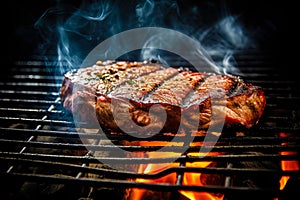 Appetitive spices beef steak sizzling over flaming grill. Gourmet food. Delicious food