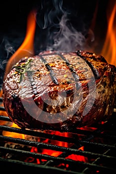 Appetitive spices beef steak sizzling over flaming grill. Gourmet food. Delicious food