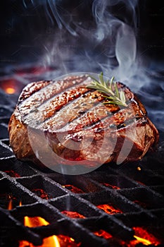 Appetitive spices beef steak sizzling over flaming grill. Gourmet food. Delicious food