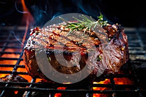 Appetitive spices beef steak sizzling over flaming grill. Gourmet food. Delicious food