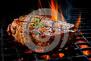 Appetitive spices beef steak sizzling over flaming grill. Gourmet food. Delicious food