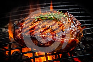 Appetitive spices beef steak sizzling over flaming grill. Gourmet food. Delicious food