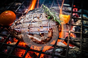 Appetitive spices beef steak sizzling over flaming grill. Gourmet food. Delicious food