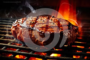 Appetitive spices beef steak sizzling over flaming grill. Gourmet food. Delicious food photo