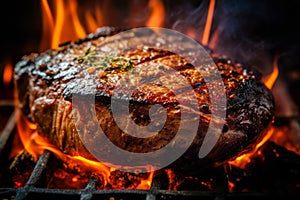 Appetitive spices beef steak sizzling over flaming grill. Gourmet food. Delicious food photo
